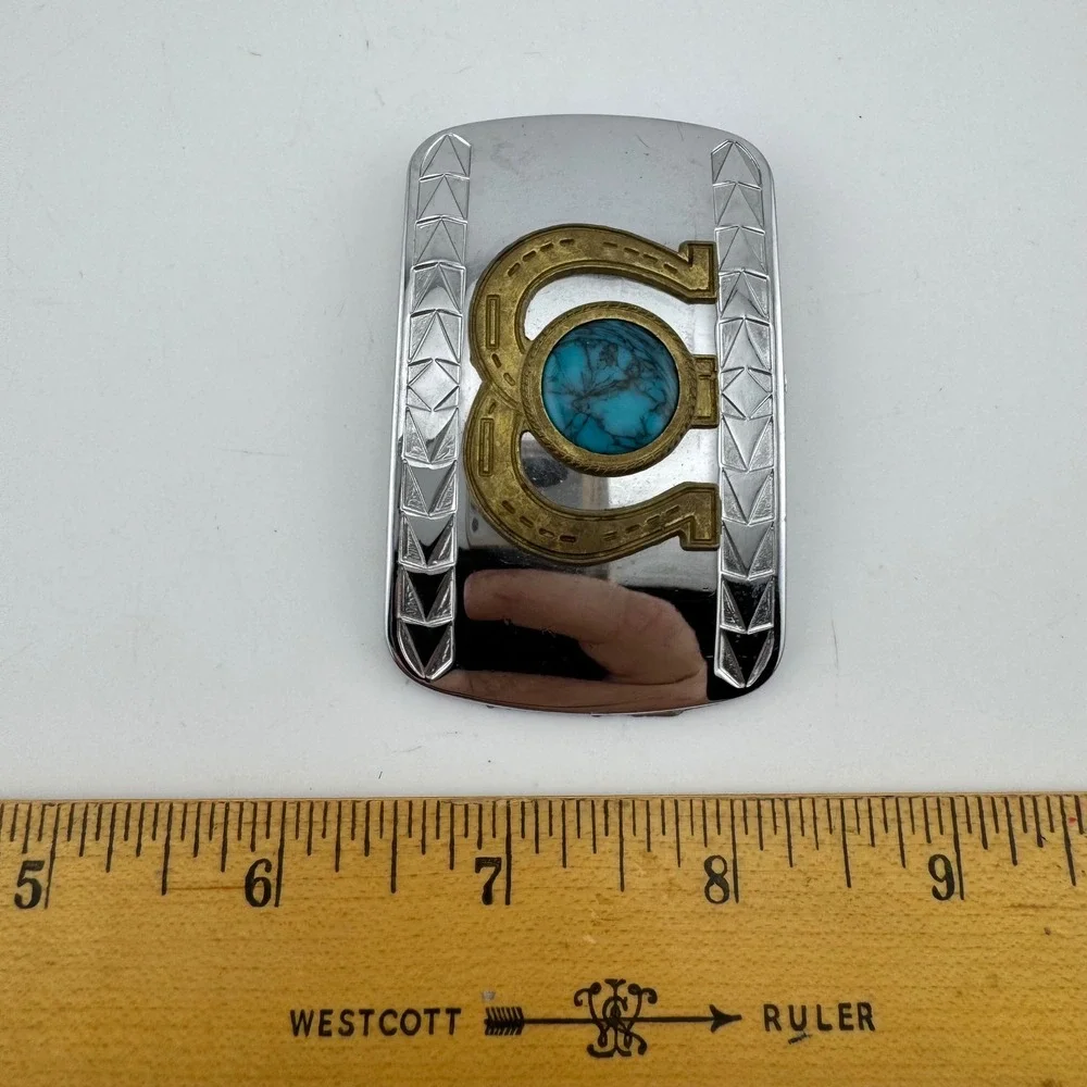 Belt Buckle Silver Tone Western Horseshoe Faux Turquoise Etched